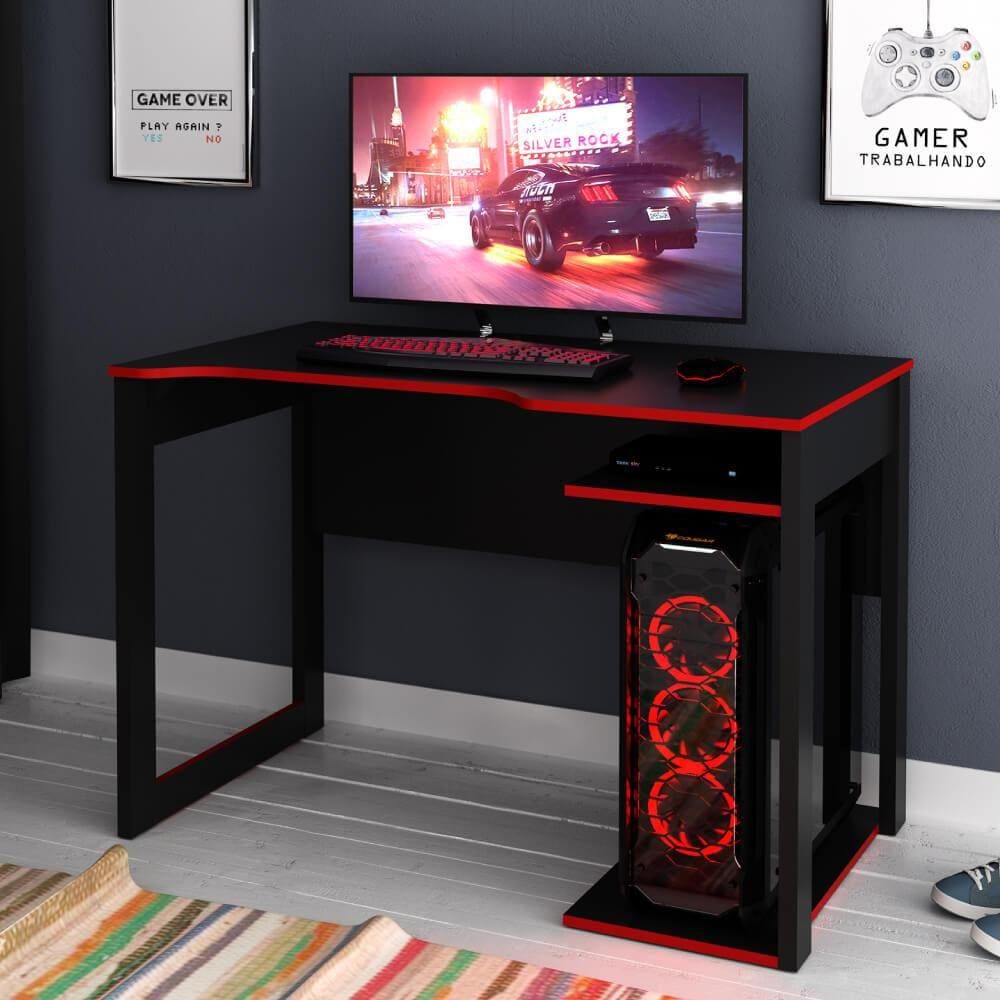 Mesa Gamer com 2 Nichos -  Preto/Vermelho 