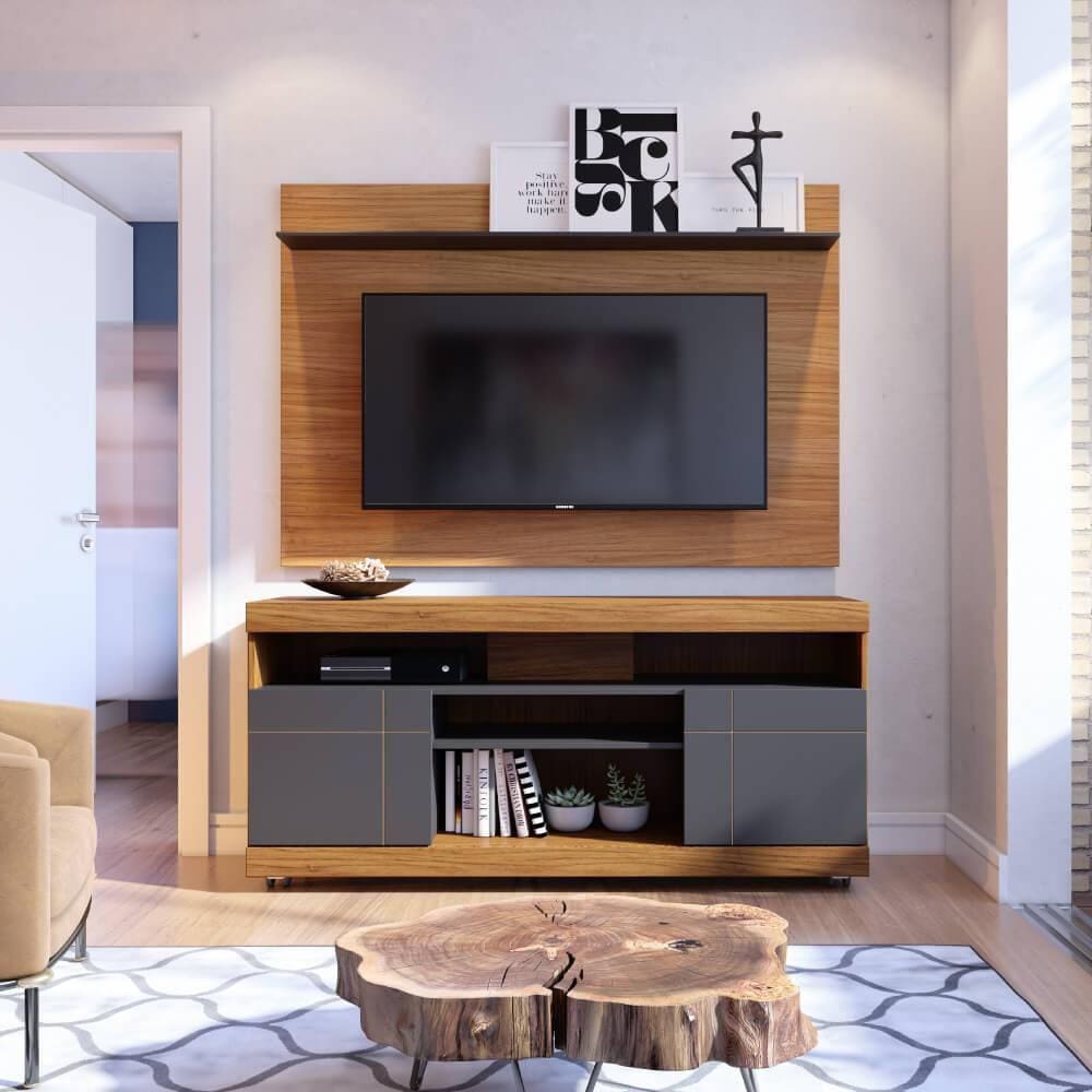 Rack com Painel Yara para TV com 55 - Castanho/Preto