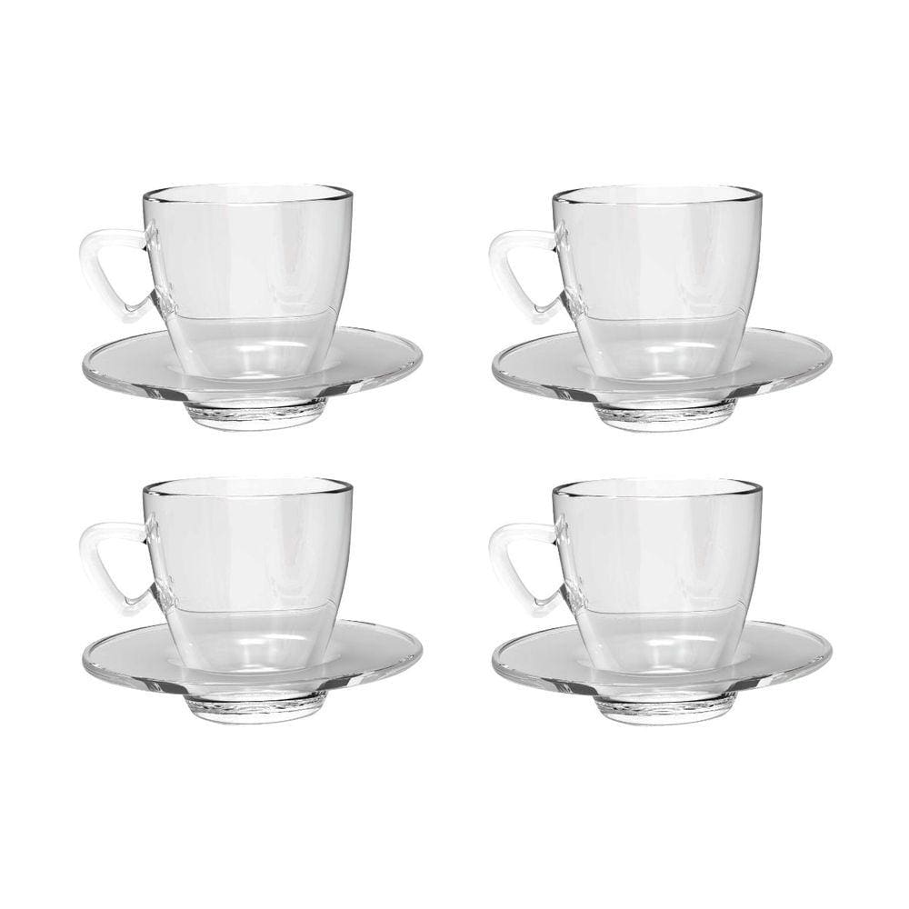 Kit 4 Xícaras Transparente Chá 220mL C/ Pires Mesa Posta