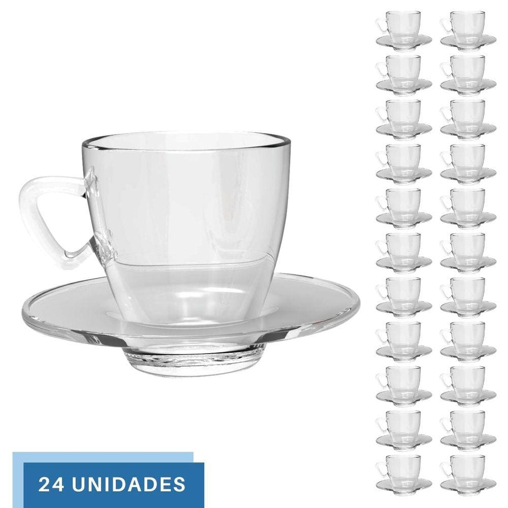 Jogo 24 Xícaras Café C/ Pires 220mL Transparente Mesa Posta
