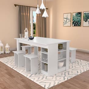Conjunto de Mesa 140cm c/4 Bancos e 3 Prateleiras - Branco