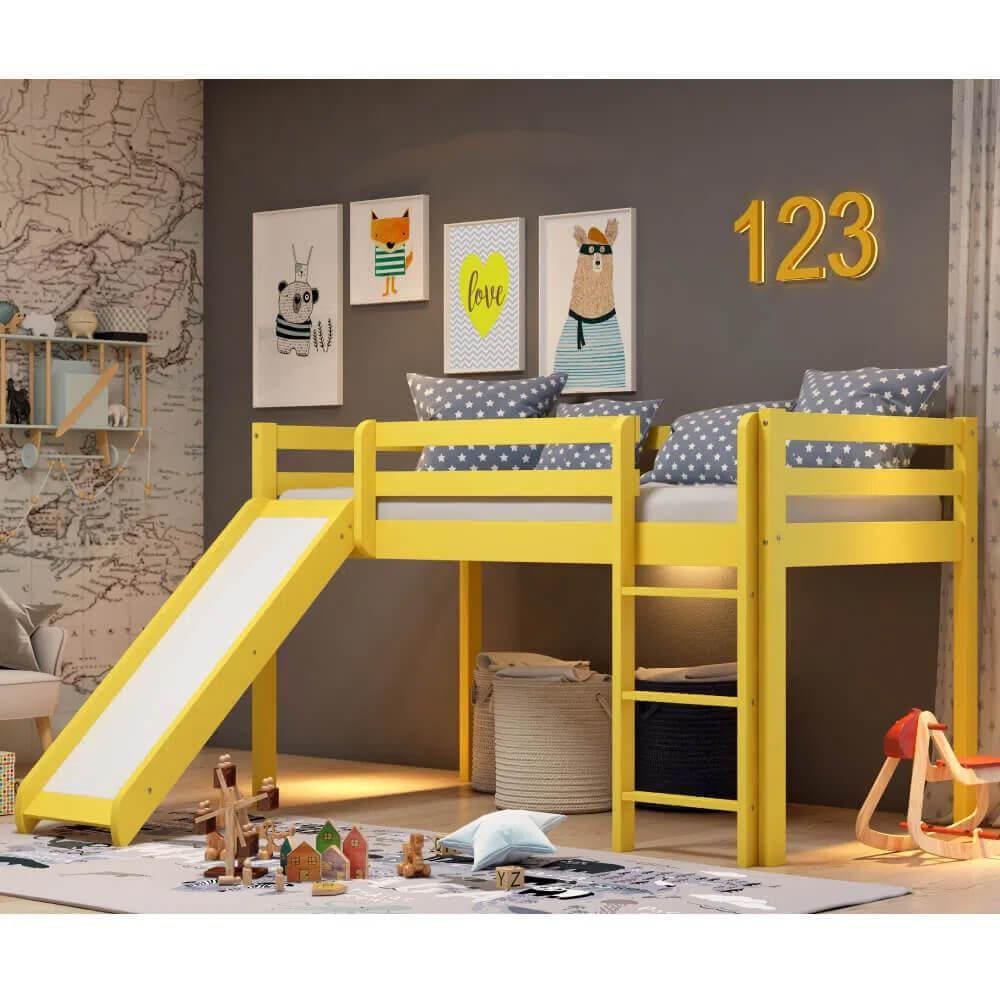 Cama Alta Kids com Escorregador em Madeira Maciça - Amarelo