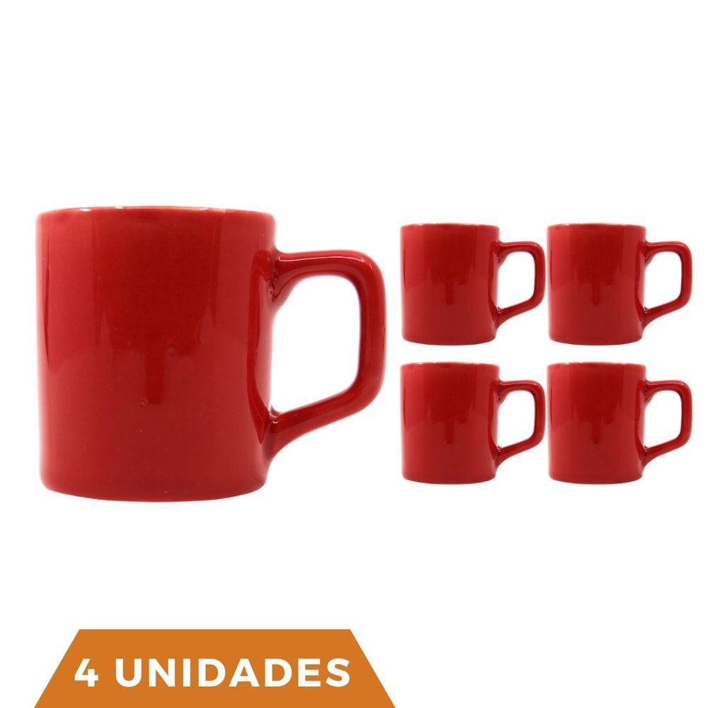 kit 4 Xícaras Café Colors Vermelha 80mL Cerâmica Mesa Posta