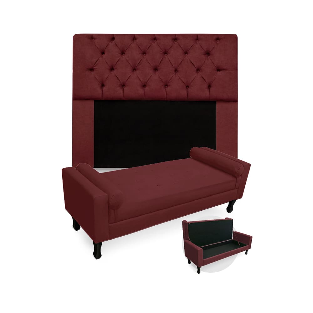 Kit Cabeceira Estofada Mirage E Recamier Baú Fenix Queen 160 cm Suede Vermelho Bordo - LM DECOR