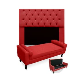 Jogo Com Cabeceira Mirage + Recamier Baú Fenix Solteiro 90 cm Suede Vermelho - LM DECOR