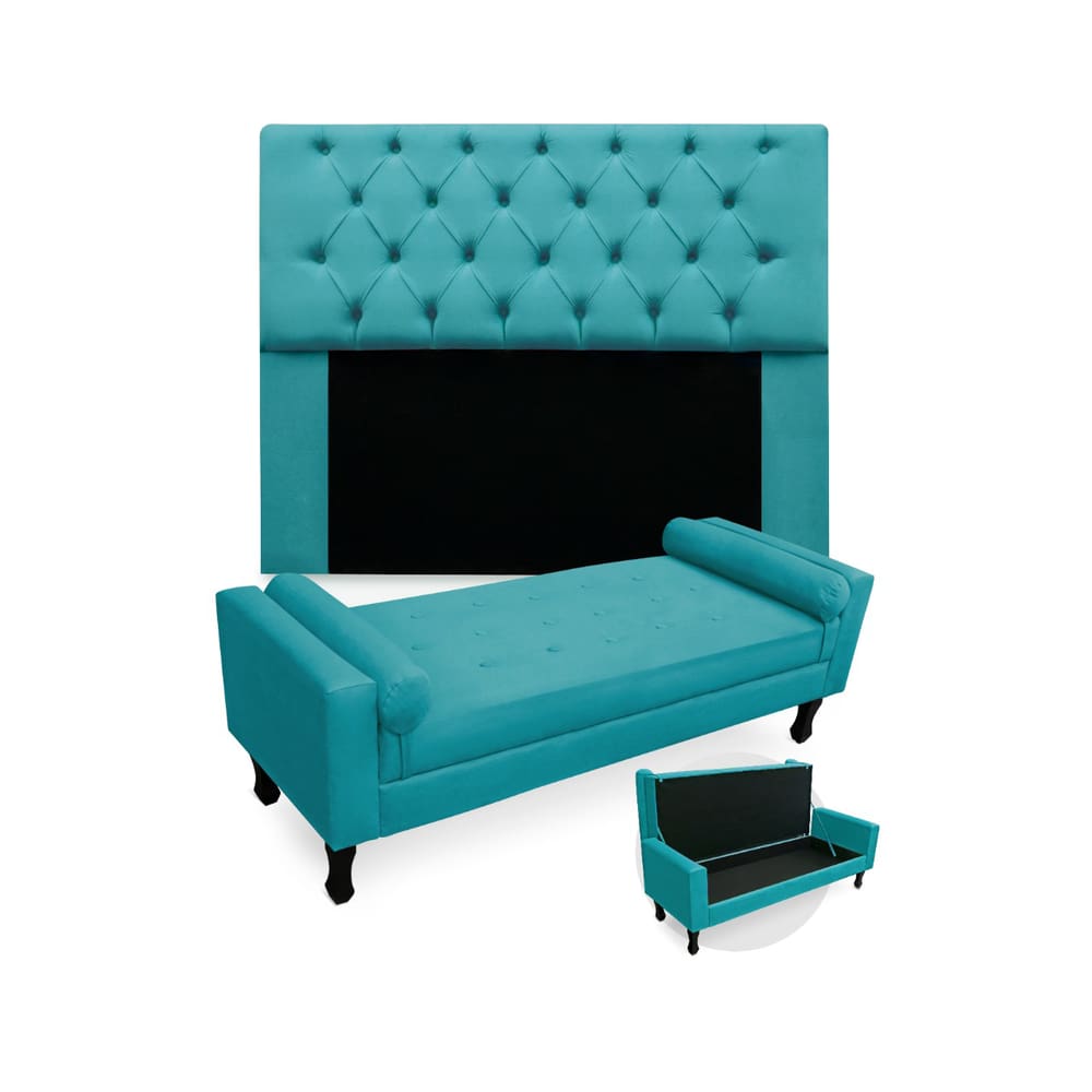Kit Cabeceira Estofada Mirage E Recamier Baú Fenix Queen 160 cm Suede Azul Turquesa - LM DECOR