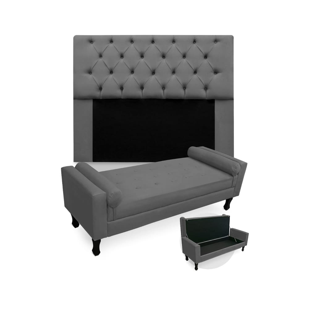 Kit Cabeceira Estofada Mirage E Recamier Baú Fenix Solteiro 90 cm Suede Cinza - LM DECOR