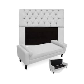 Jogo Com Cabeceira Mirage + Recamier Baú Fenix Solteiro 90 cm Suede Branco - LM DECOR