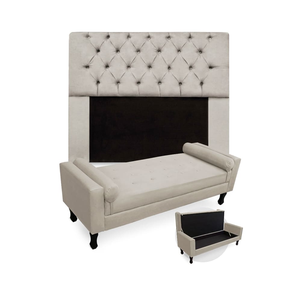 Kit Cabeceira Estofada Mirage E Recamier Baú Fenix Casal 140 cm Suede Bege - LM DECOR