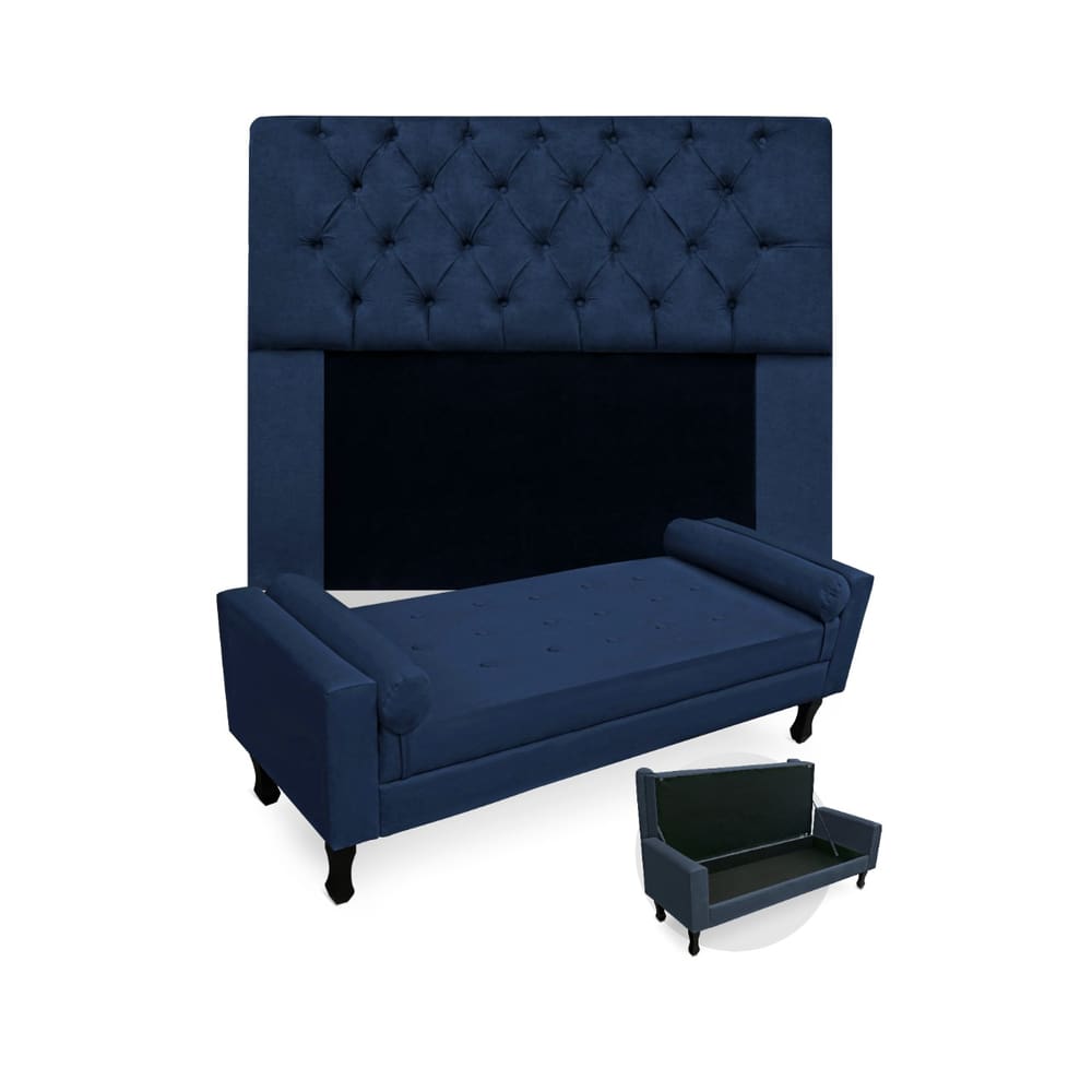 Kit Cabeceira Estofada Mirage E Recamier Baú Fenix Queen 160 cm Suede Azul Marinho - LM DECOR