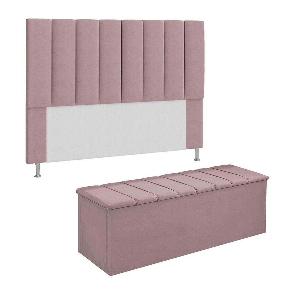Conjunto Cabeceira E Calçadeira Cancun Para Cama Box King 195 cm Suede Rosê - LM DECOR