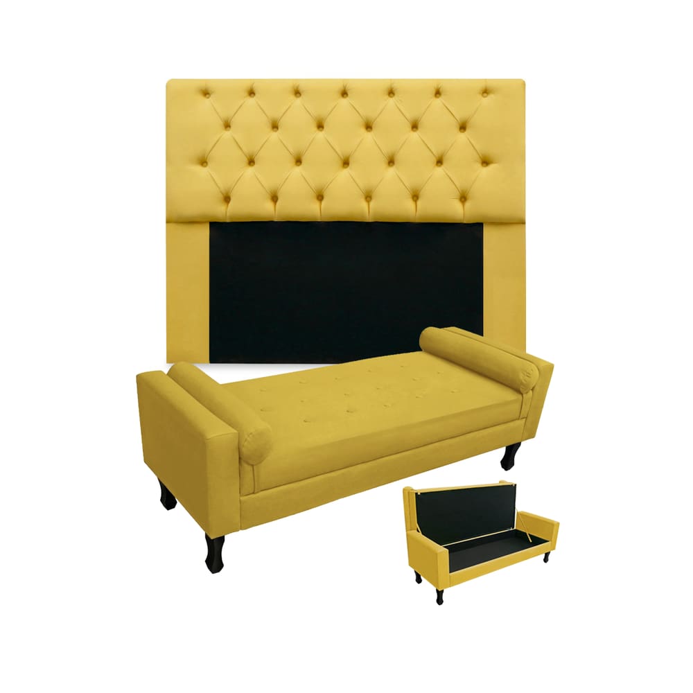 Kit Cabeceira Estofada Mirage E Recamier Baú Fenix Solteiro 90 cm Suede Amarelo - LM DECOR