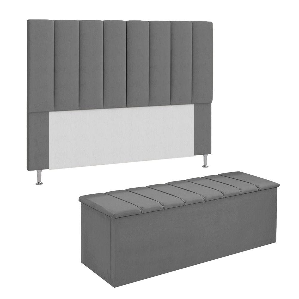 Conjunto Cabeceira E Calçadeira Cancun Para Cama Box King 195 cm Suede Cinza - LM DECOR