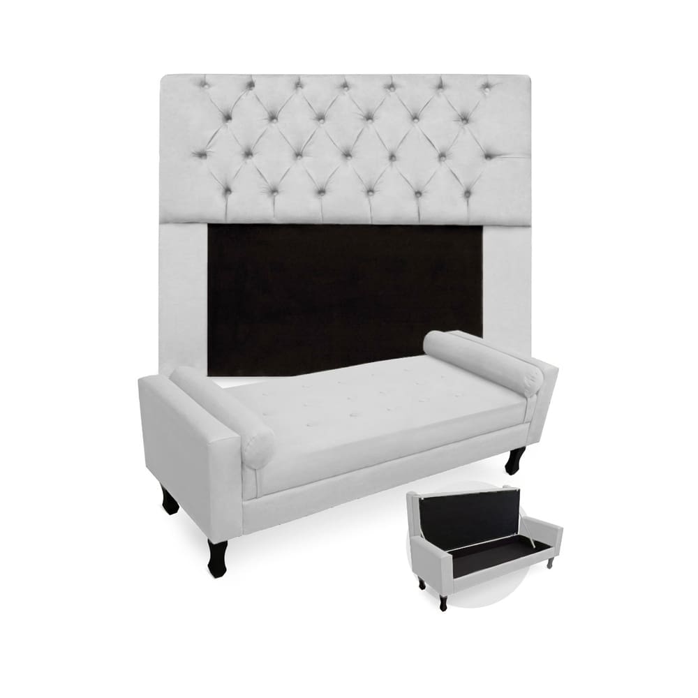 Kit Cabeceira Estofada Mirage E Recamier Baú Fenix Casal 140 cm Suede Branco - LM DECOR