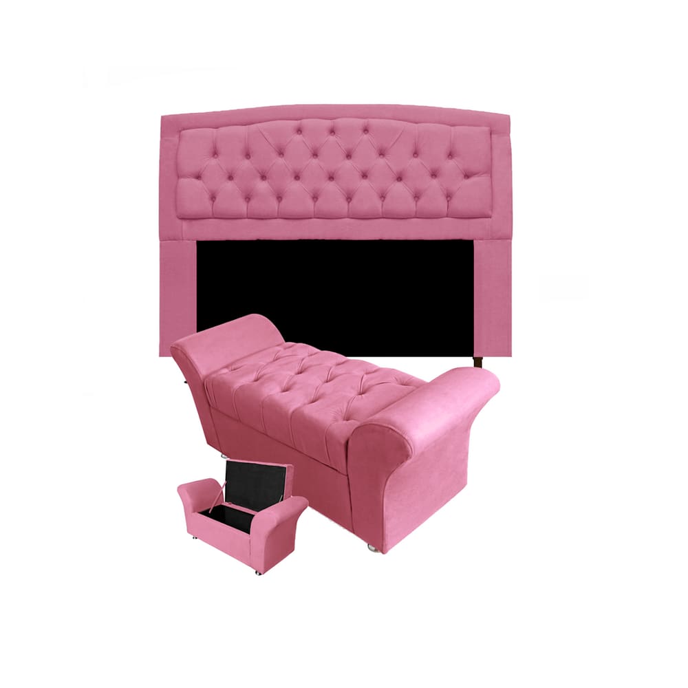 Cabeceira Geovana e Calçadeira Veneza Estofada Queen 160cm Suede Rosa Barbie - LM DECOR