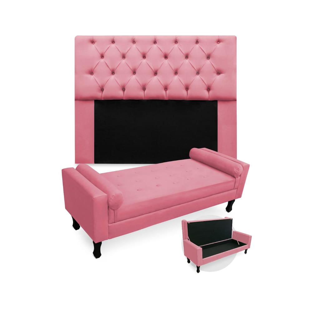 Conjunto Cabeceira Mirage Com Recamier Baú Fenix Queen 160 cm Suede Rosa Barbie - LM DECOR