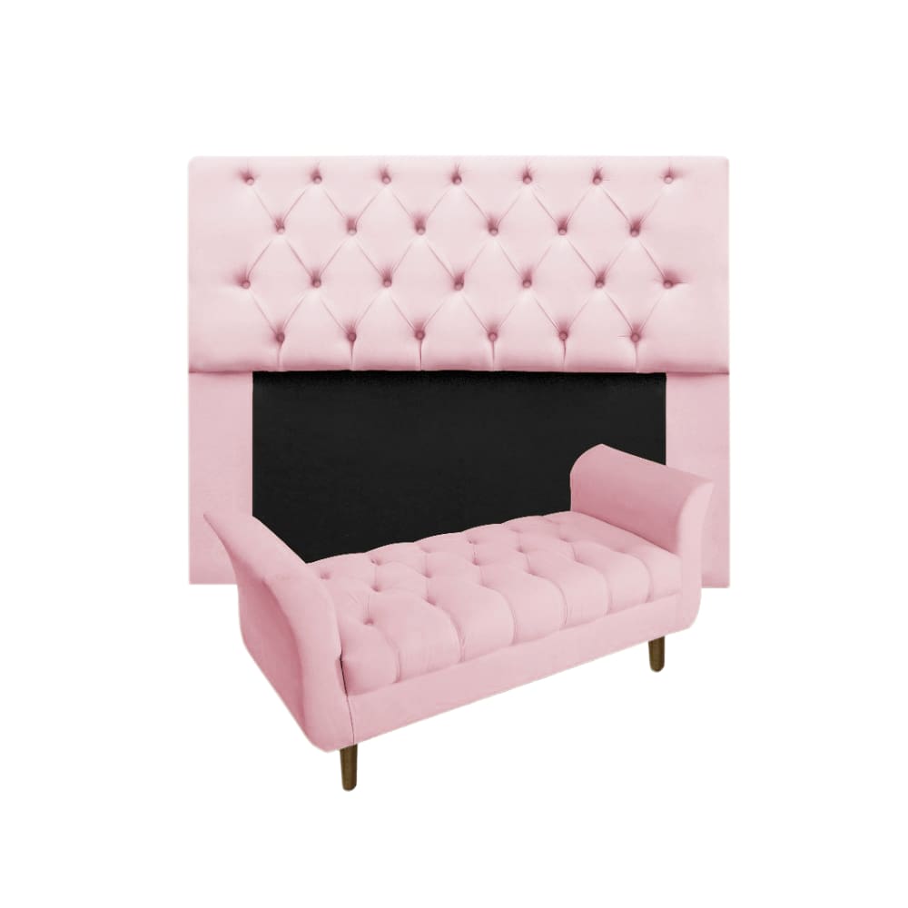 Cabeceira Mirage + Recamier Grécia Com Capitonê Queen 160 cm Suede Rosa Bebe - LM DECOR