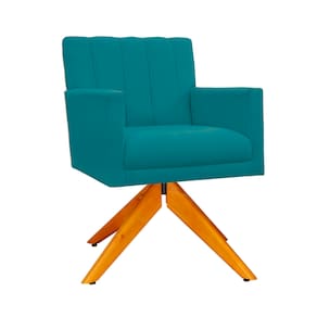 Poltrona Estofada Com Pés Giratório De Madeira Cecília Suede Azul Turquesa - LM DECOR