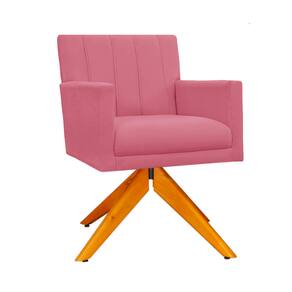 Poltrona Estofada Com Pés Giratório De Madeira Cecília Suede Rosa Barbie - LM DECOR