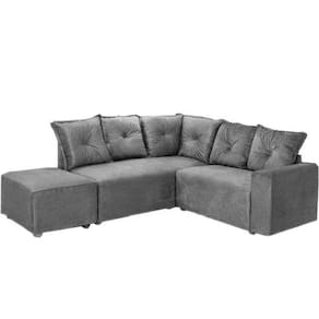 Sofá de Canto 5040 com 5 Lugares e Puff Grande de Tecido Suede Cor Cinza