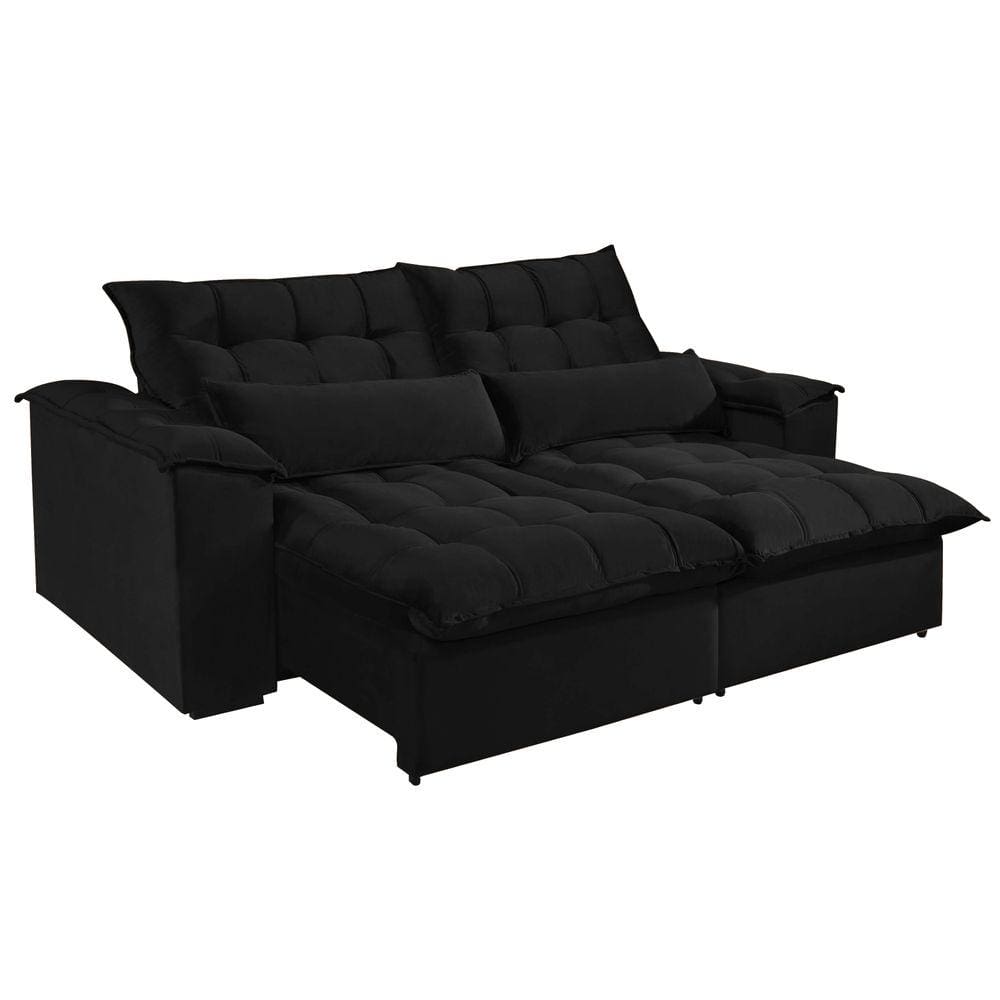 Sofá com Molas 4 Lugares Retrátil e Reclinável Antonelle Tecido Veludo 230cm Cor Preto