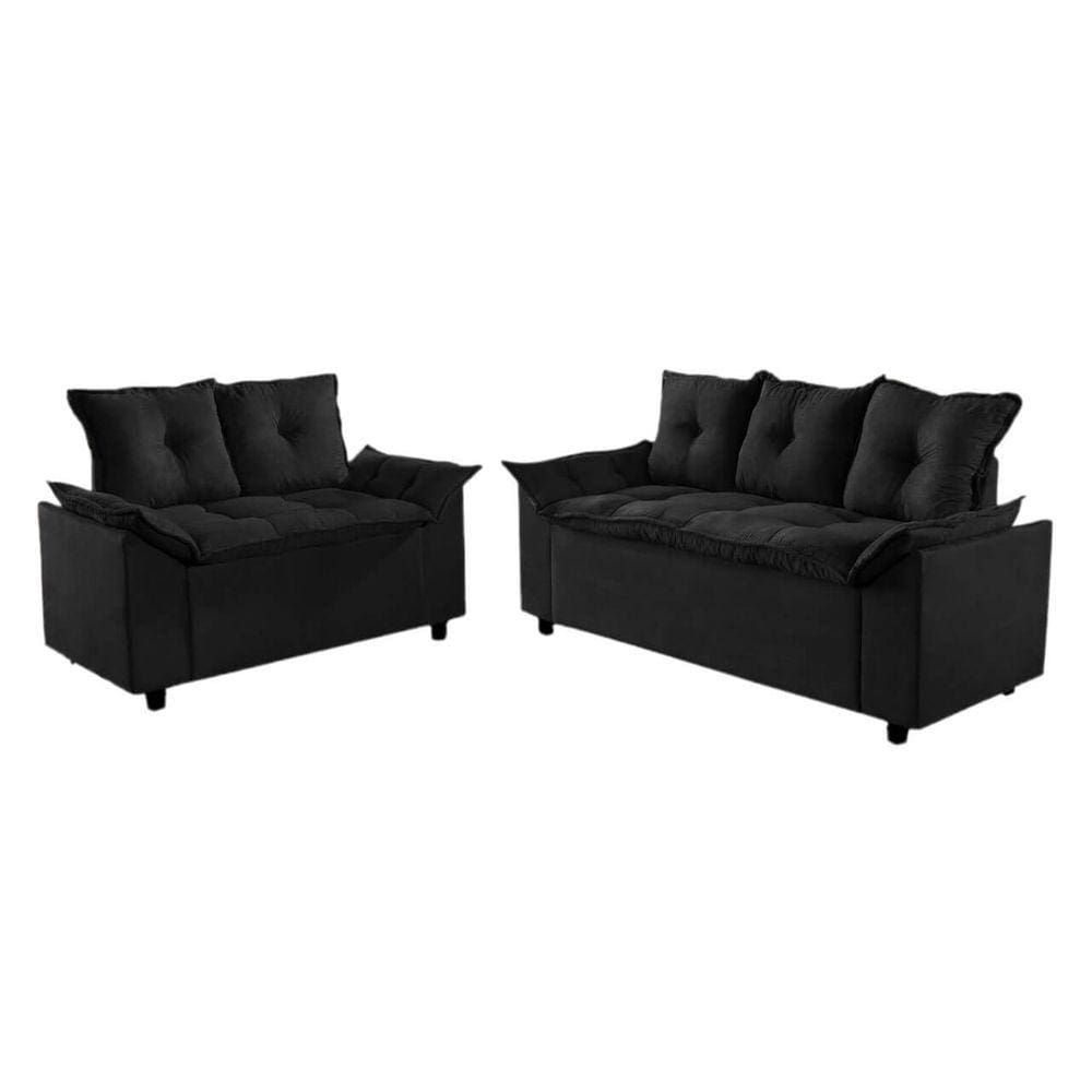 Conjunto Sofá Liones com 2 e 3 Lugares Almofadas Soltas e Tecido Suede Cor Preto