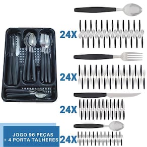 Faqueiro 96 Pçs C/ 4 Porta Talheres Preto Aço Inox Berlim