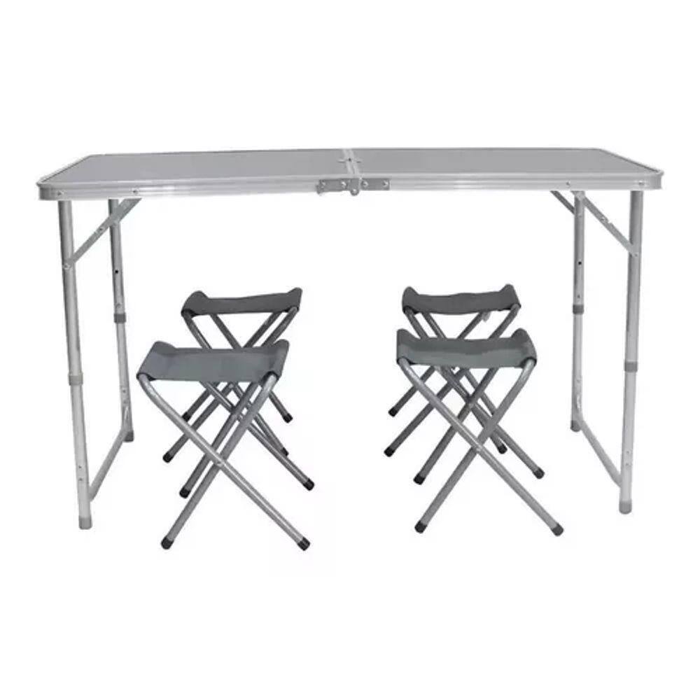 Conjunto Kit Mesa 4 Bancos Dobráveis Aluminio Camping Cinza