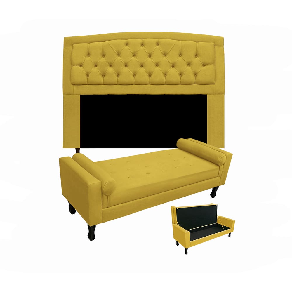 Cabeceira Geovana + Calçadeira Fênix Para Quarto Casal 140cm Suede Amarelo - LM DECOR