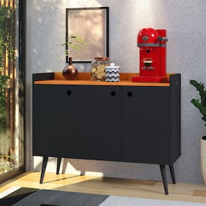 Aparador Buffet 3 Portas Balcão Moderno Multiuso Pequeno 90 cm Sala Estar Jantar Escritório Wood New- Preto/Cinamomo -RPM Móveis