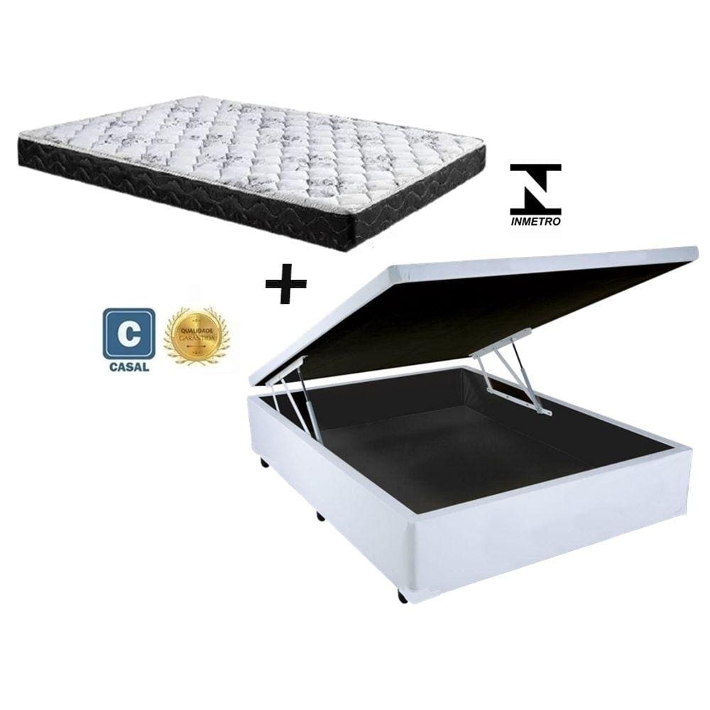 Cama Box Baú Casal Resistence Sintético Branco    + Colchão Casal Resistence Espuma D23 Com EPS 24x138x188
