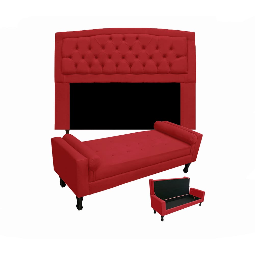 Conjunto Cabeceira Geovana + Calçadeira Fênix Queen 160cm Suede Vermelho - LM DECOR