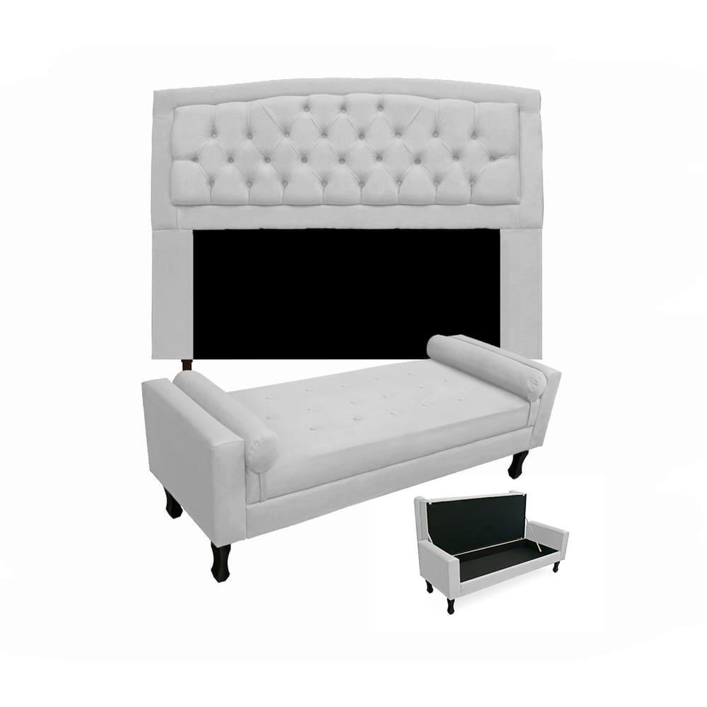 Cabeceira Geovana + Calçadeira Fênix Para Quarto Casal 140cm Suede Branco - LM DECOR