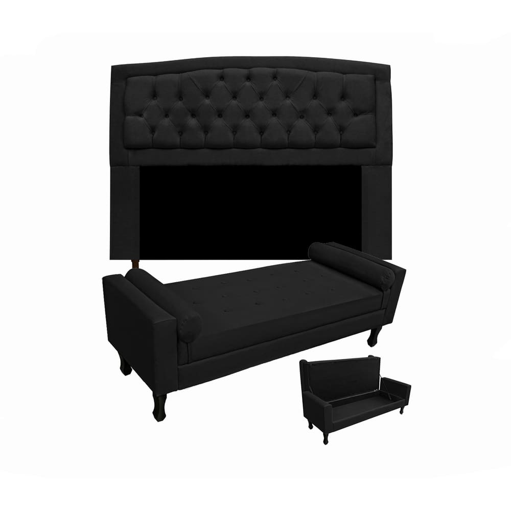 Cabeceira Geovana + Calçadeira Fênix Para Quarto Casal 140cm Suede Preto - LM DECOR