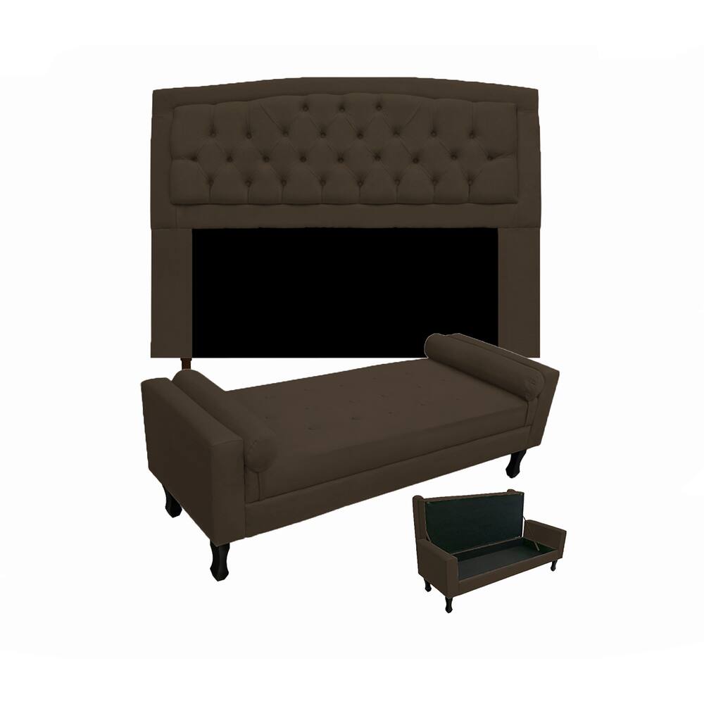 Cabeceira Geovana + Calçadeira Fênix Para Quarto Casal 140cm Suede Marrom - LM DECOR