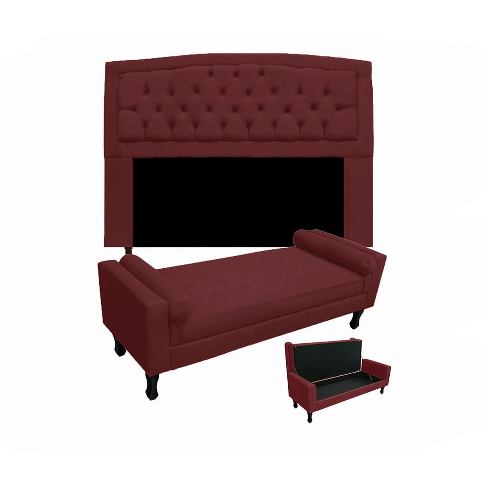Conjunto Cabeceira Geovana + Calçadeira Fênix Queen 160cm Suede Vermelho Bordo - LM DECOR