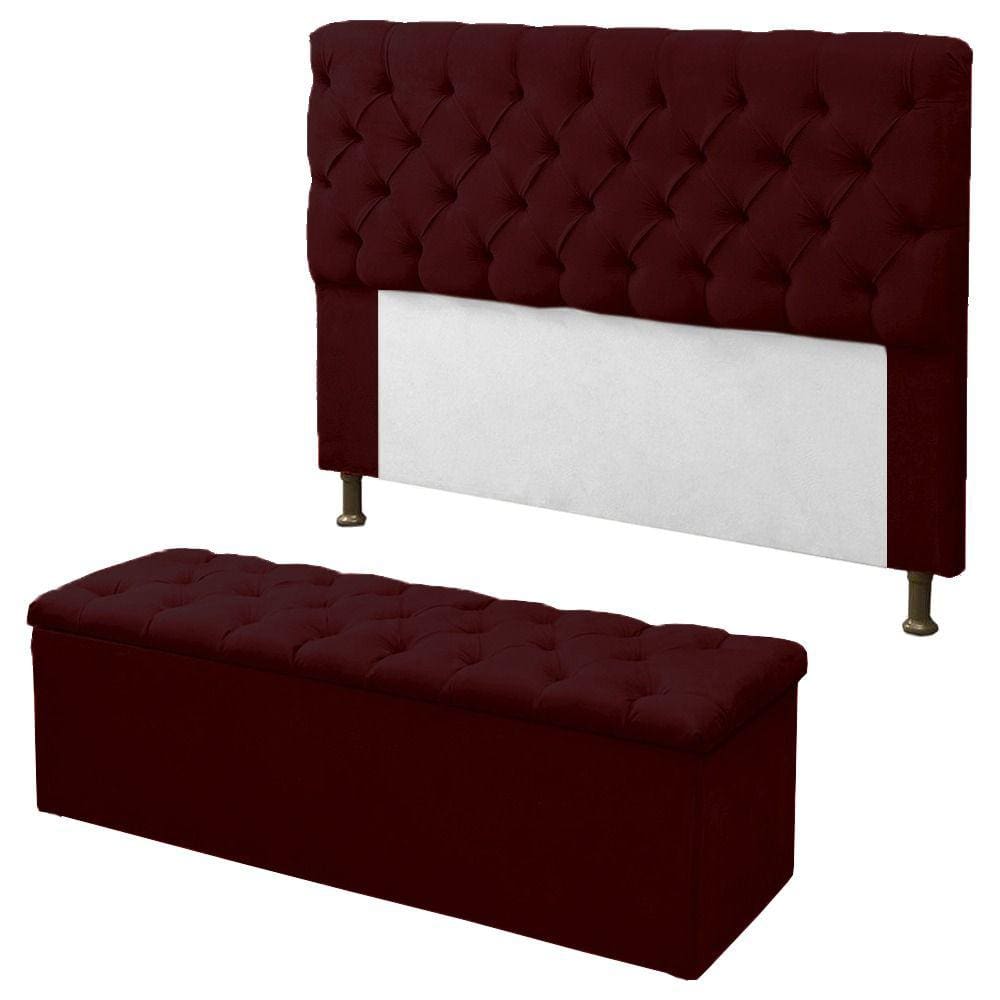 Kit Cabeceira + Calçadeira Baú Mirage Solteiro 90cm Vermelho Bordo - LM DECOR