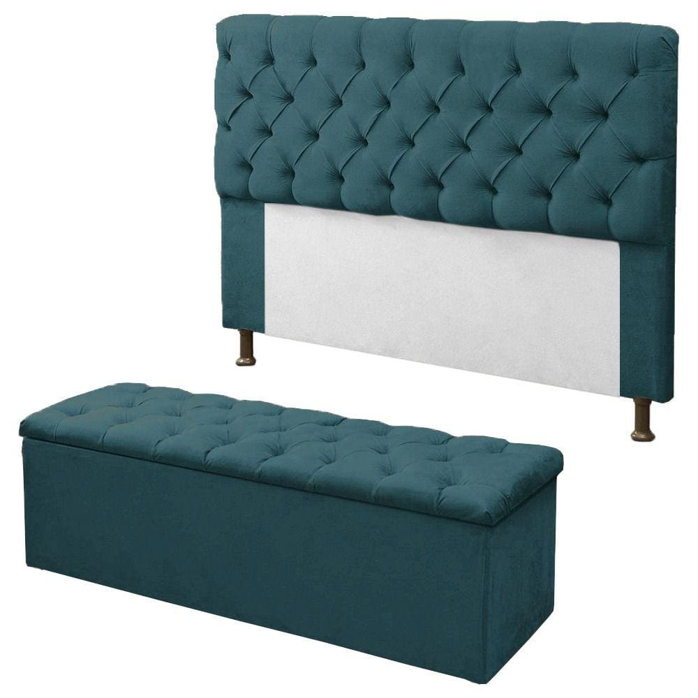 Kit Cabeceira + Calçadeira Baú Mirage Queen 160cm Azul Turquesa - LM DECOR