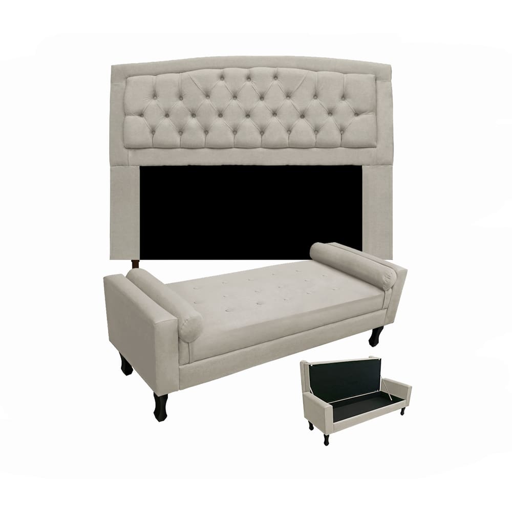 Cabeceira Geovana + Calçadeira Fênix Para Quarto Casal 140cm Suede Bege - LM DECOR