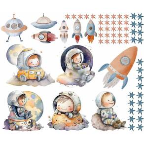 Adesivo De Parede Astronautas Bebês Cute No Espaço