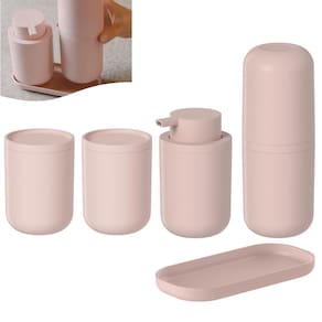 Kit Dispenser Porta Sabonete Líquido Suporte Escova Dente Algodão e Cotonete Bandeja Banheiro Rosa Fosco - Ou