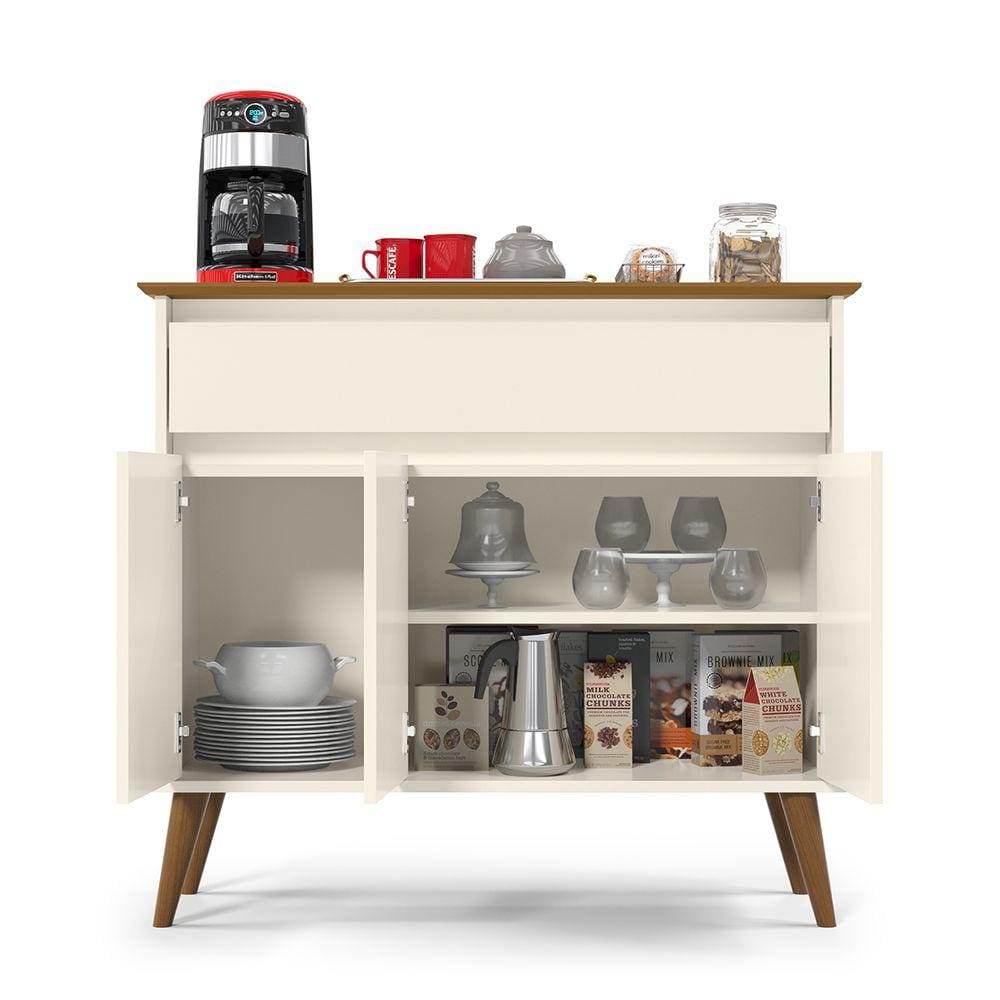 Aparador Buffet 3 Portas Cantinho Café 1 Gaveta Organizadora Balcão Sala Estar Cozinha Zeus - Off White/Freijó - Lojas RPM
