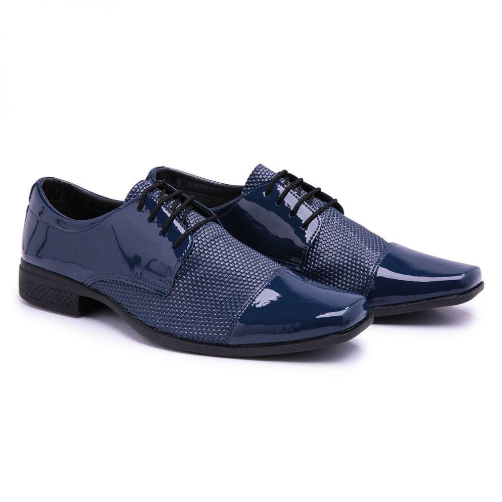 Sapato Social Verniz Moda Chic com Textura Cadarço e Bico Quadrado