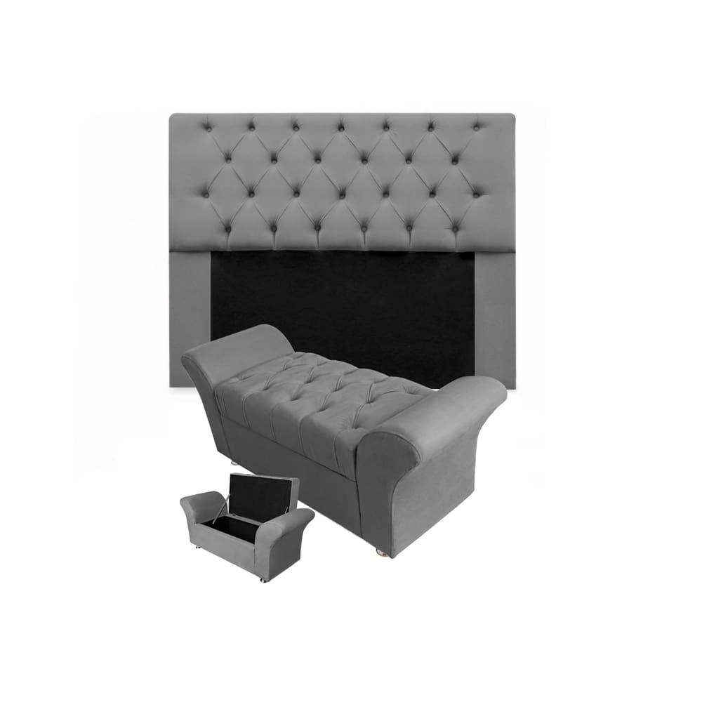 Conjunto Cabeceira Mirage e Calçadeira Baú Veneza King 195 cm Suede Cinza - LM DECOR