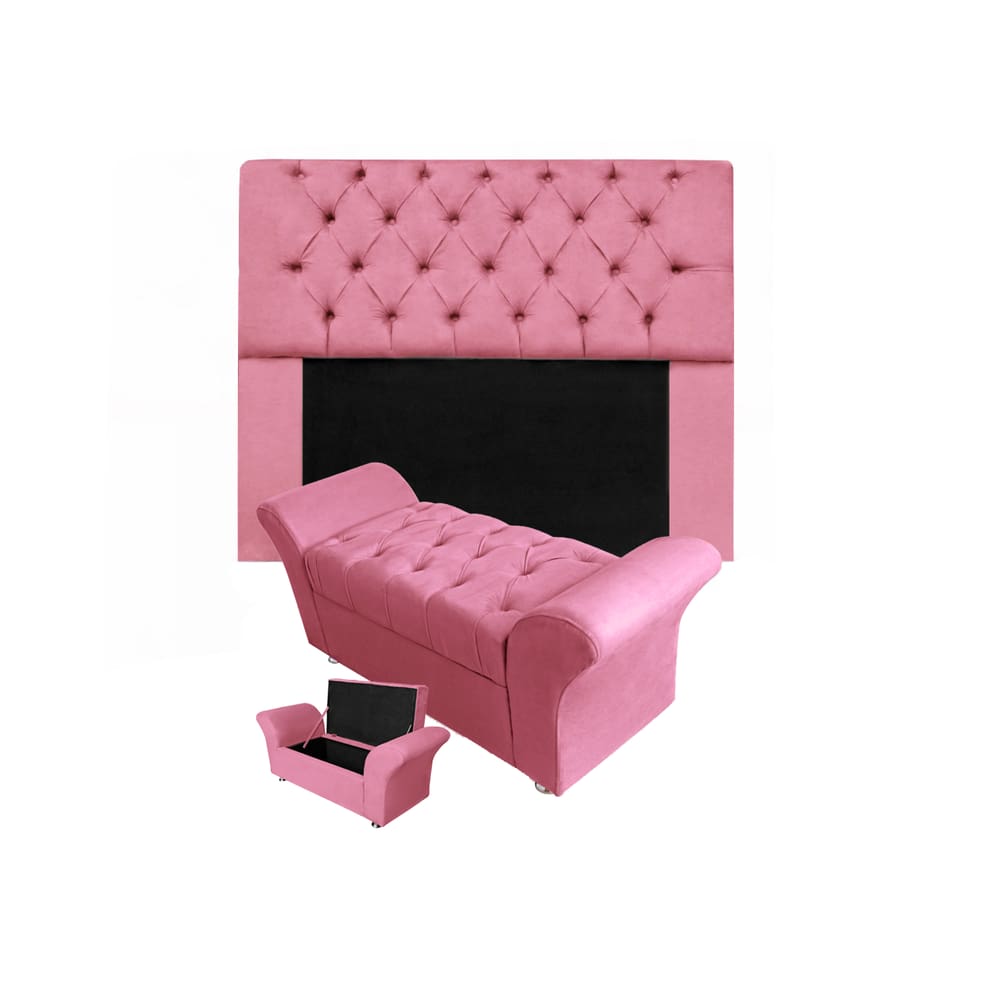 Kit Cabeceira Mirage e Calçadeira Baú Veneza Solteiro 90 cm Suede Rosa Barbie - LM DECOR