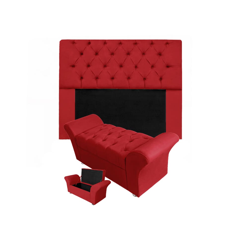 Conjunto Cabeceira Mirage e Calçadeira Baú Veneza Solteiro 90 cm Suede Vermelho - LM DECOR