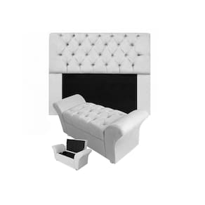 Conjunto Cabeceira Mirage e Calçadeira Baú Veneza King 195 cm Suede Branco - LM DECOR