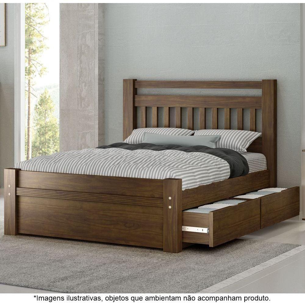 Cama Casal Em Madeira Maciça 2 Gavetas 1,60 Orleans Castanho