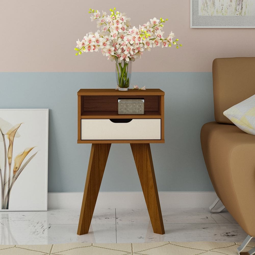 Mesa De Apoio Para Sala Com 1 Gaveta Artely VIP Cedro E Off White