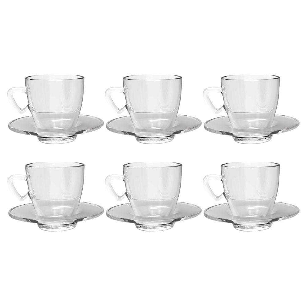 Xícaras Chá e Café Vidro 220mL Transparente C/ Pires - 6un